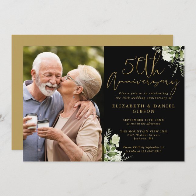 50th Anniversary Greenery Black And Gold Photo Invitation (Front/Back)