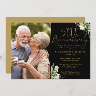 50th Anniversary Greenery Black And Gold Photo Invitation