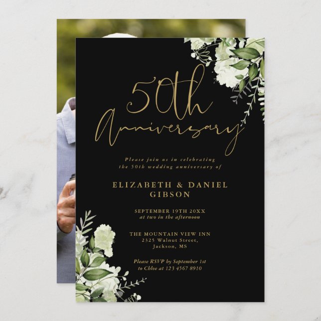50th Anniversary Greenery Black And Gold Photo Invitation (Front/Back)