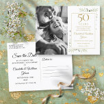 50th Anniversary Greenery Photo Save The Date Announcement Postcard<br><div class="desc">Featuring delicate watercolor country garden greenery,  this chic save the date anniversary invitation can be personalised with your special photo and 50 years anniversary celebration information,  with additional details on the reverse. Designed by Thisisnotme©</div>