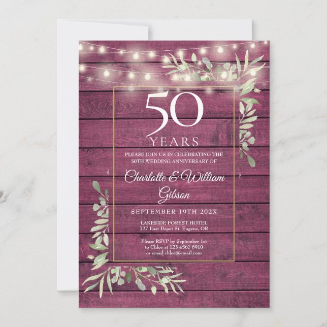 50th Anniversary Greenery String Lights Red Wood  Invitation (Front)