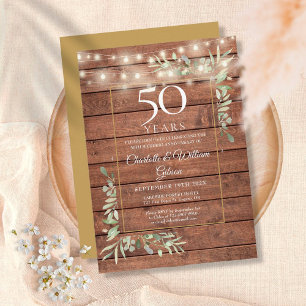 50th Anniversary Greenery String Lights Wood  Invitation