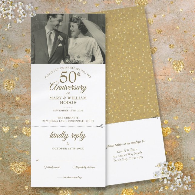 50th Anniversary Heart Confetti Wedding Photo RSVP Invitation (50th Anniversary Heart Confetti Wedding Photo RSVP Invitation)