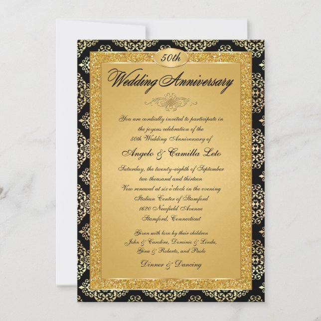 50th Anniversary Invitation |Black, Gold Damask (Front)