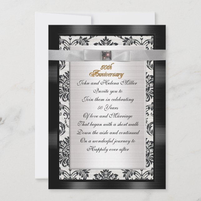 50th Anniversary invitation black white damask (Front)
