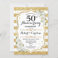 50th Anniversary Invitation - Gold White Roses