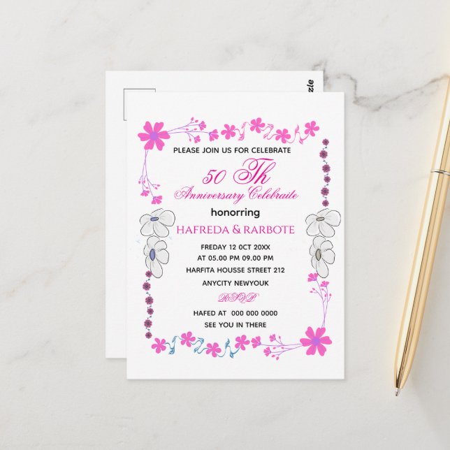 50th Anniversary Invitation, Greenery Wedding Anni Postcard (Front/Back In Situ)