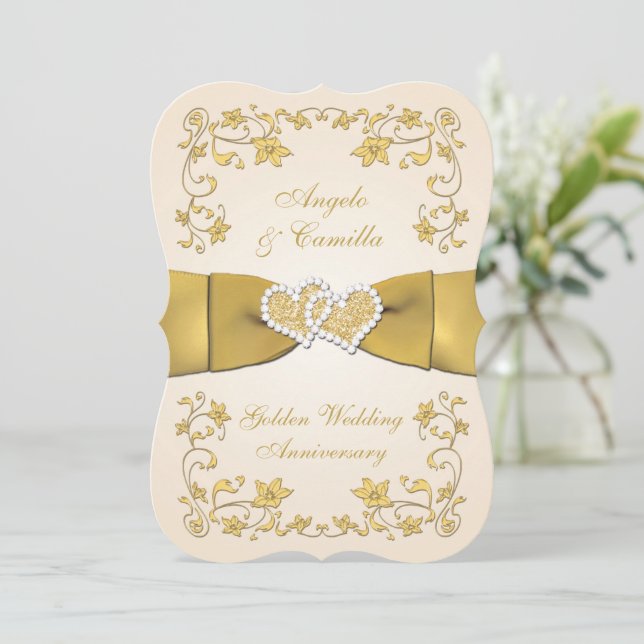 50th Anniversary Joined Hearts, Ecru, Gold Invitation (Standing Front)