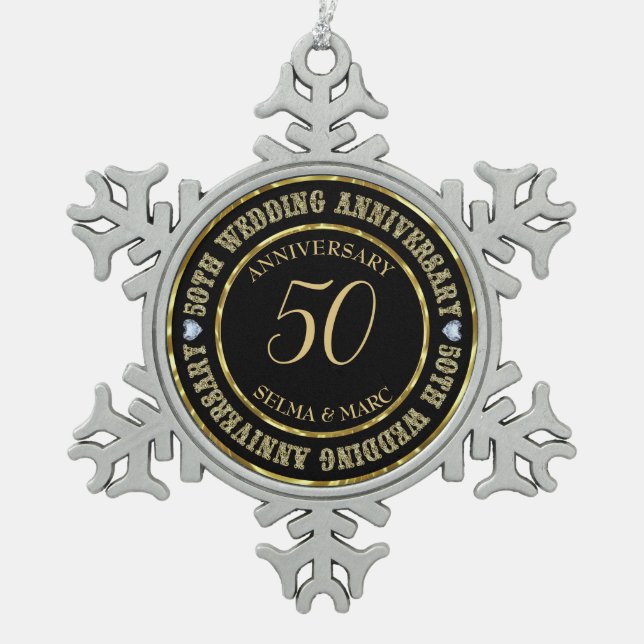 50th Anniversary Metallic Gold & Black Rings Snowflake Pewter Christmas Ornament (Front)