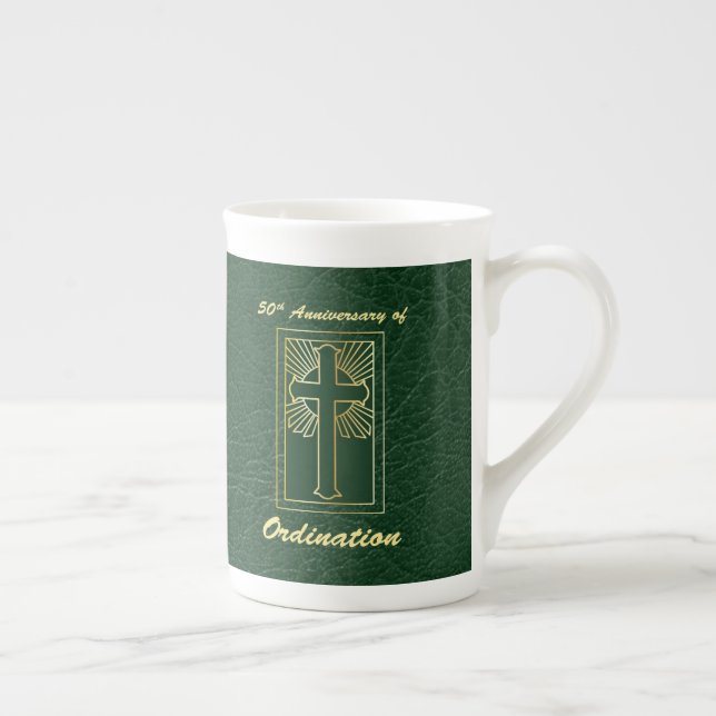 50th Anniversary of Ordination Green Leather Look Bone China Mug (Right)