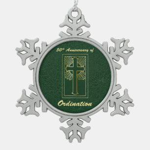 50th Anniversary of Ordination Green Leather Look Snowflake Pewter Christmas Ornament