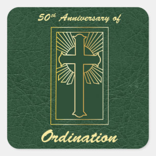 50th Anniversary of Ordination Green Leather Look Square Sticker