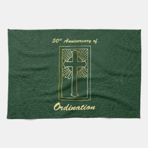 50th Anniversary of Ordination Green Leather Look Tea Towel