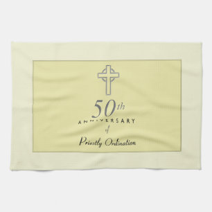 50th Anniversary of Priest with Embossed Cross Tea Towel