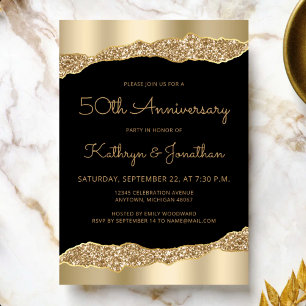 50th Anniversary Party Black Gold Foil Glitter Invitation
