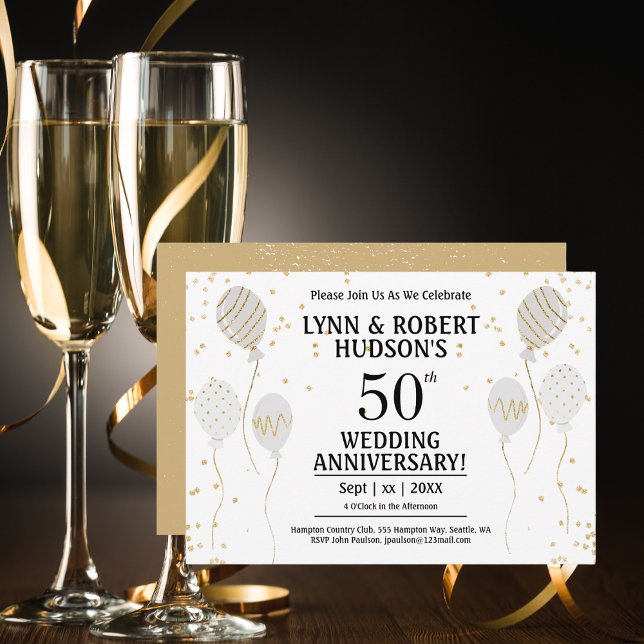 50th Anniversary Party Elegant Gold  Invitation (50th Wedding Anniversary, Gold and White Invitation)