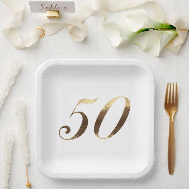 50th Anniversary Party Faux Gold Number 50 Paper Plate (Wedding)