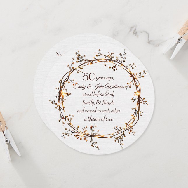 50th Anniversary Party Glowing Autumn Berry Wreath Invitation (Front/Back In Situ)