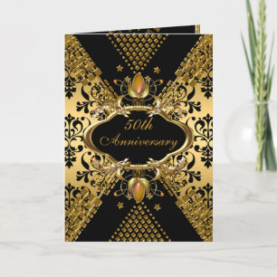 50th Anniversary Party Gold Black Damask Deco 3 Invitation
