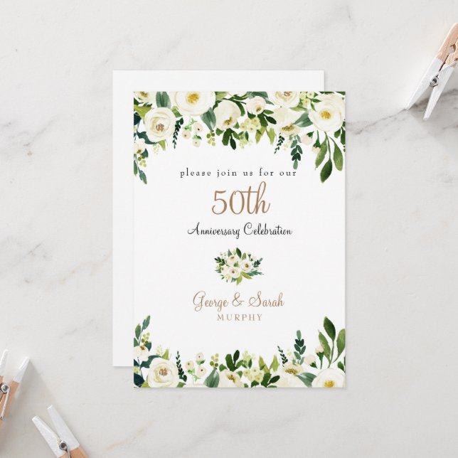 50th Anniversary Party White Floral Monogram Invitation (Front/Back In Situ)
