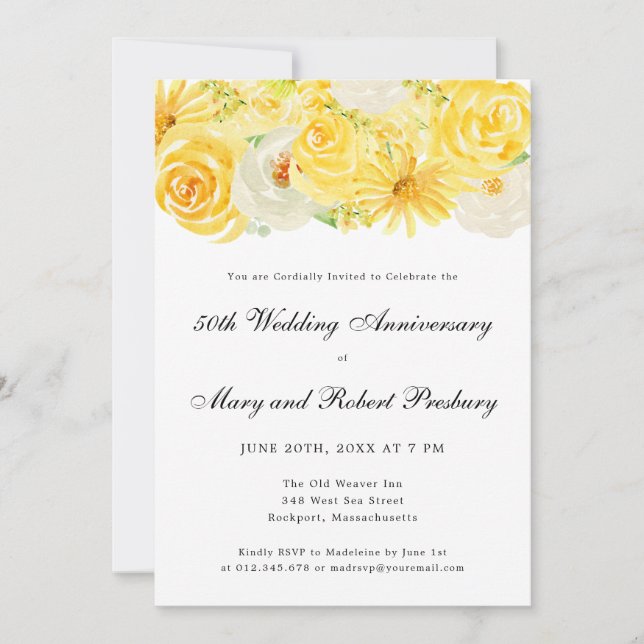 50th Anniversary Party Yellow White Floral Invitation (Front)