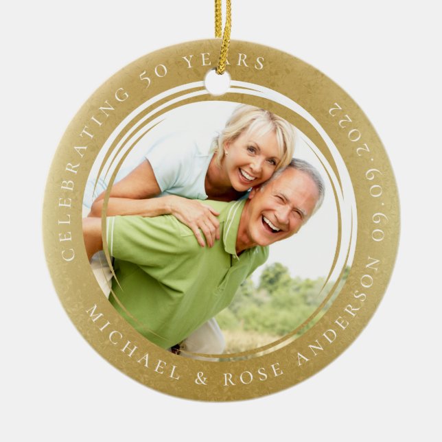 50th Anniversary Photo Gold Foil Ceramic Ornament (Front)