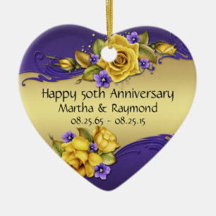 50th Anniversary Photo Yellow Roses Purple Pansies Ceramic Tree Decoration