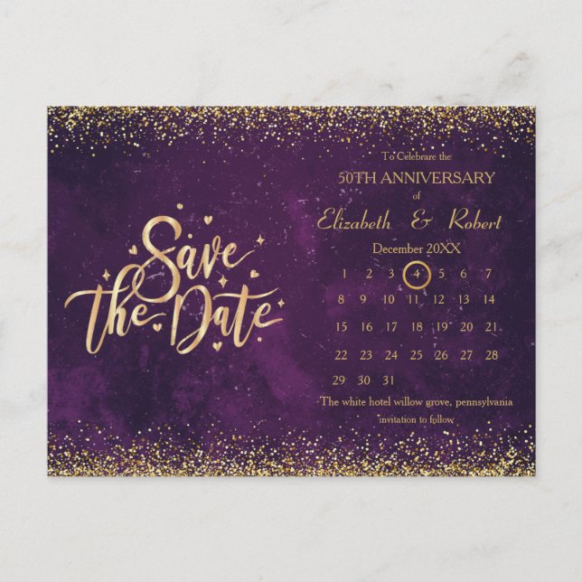 50th Anniversary Purple Wedding The Date Calendar Announcement Postcard (Front)