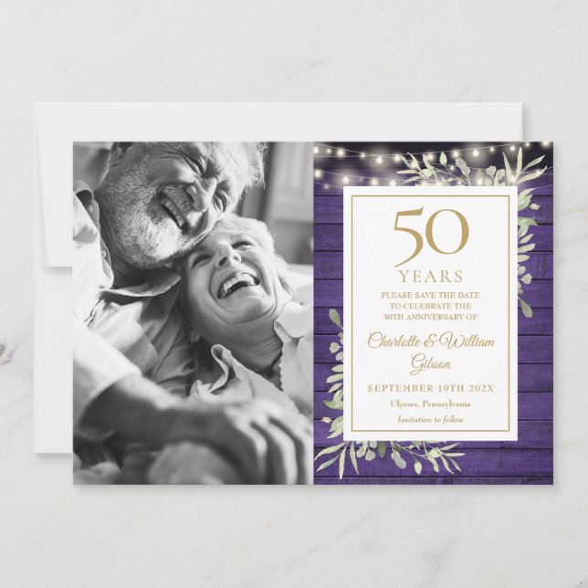 50th Anniversary Purple Wood Lights Photo Save The Date (Front)