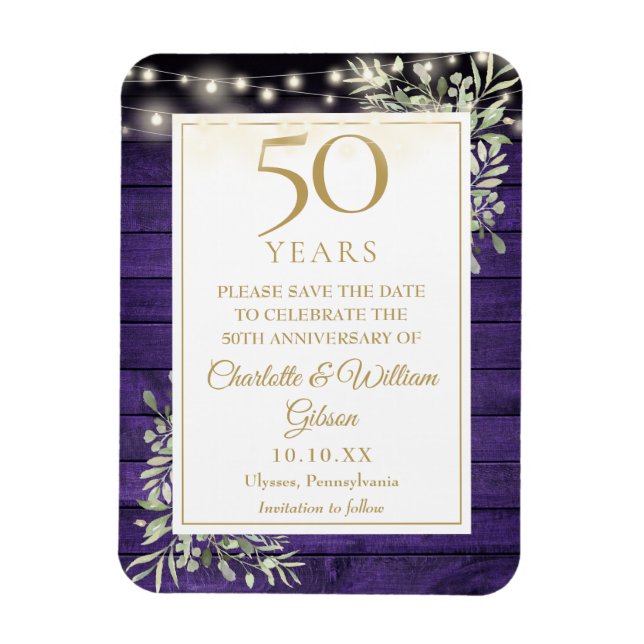 50th Anniversary Purple Wood Save The Date Magnet (Vertical)
