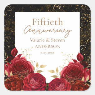 50th Anniversary Red Gold Floral Square Sticker