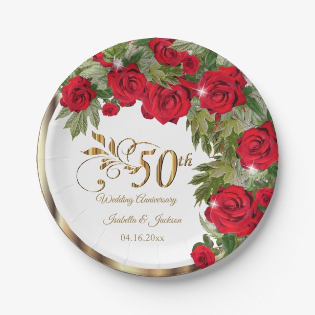 50th Anniversary - Red Rose Flowers Paper Plate (Front)