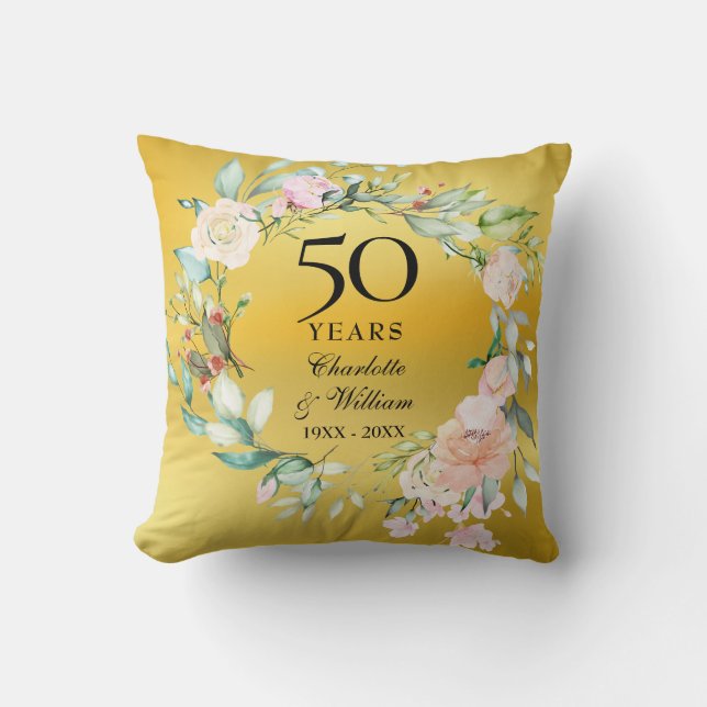 50th Anniversary Roses Floral Gold Foil Photo Cushion (Front)