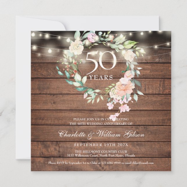 50th Anniversary Rustic String Lights Floral Invitation (Front)