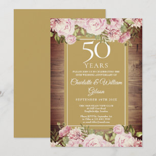 50th Anniversary Rustic Watercolour Pink Roses Invitation