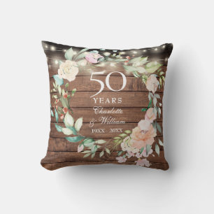 50th Anniversary Rustic Wood Floral String Lights Cushion