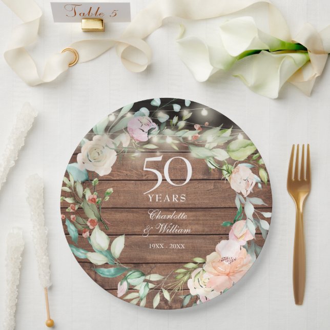 50th Anniversary Rustic Wood String Lights Floral Paper Plate (Wedding)