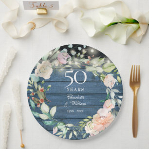 50th Anniversary Rustic Wood String Lights Floral Paper Plate