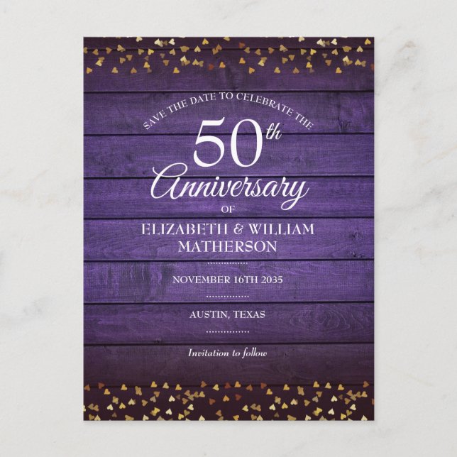 50th Anniversary Save the Date Gold Hearts Rustic  Postcard (Front)