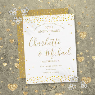 50th Anniversary Save the Date Gold Hearts Script Announcement Postcard
