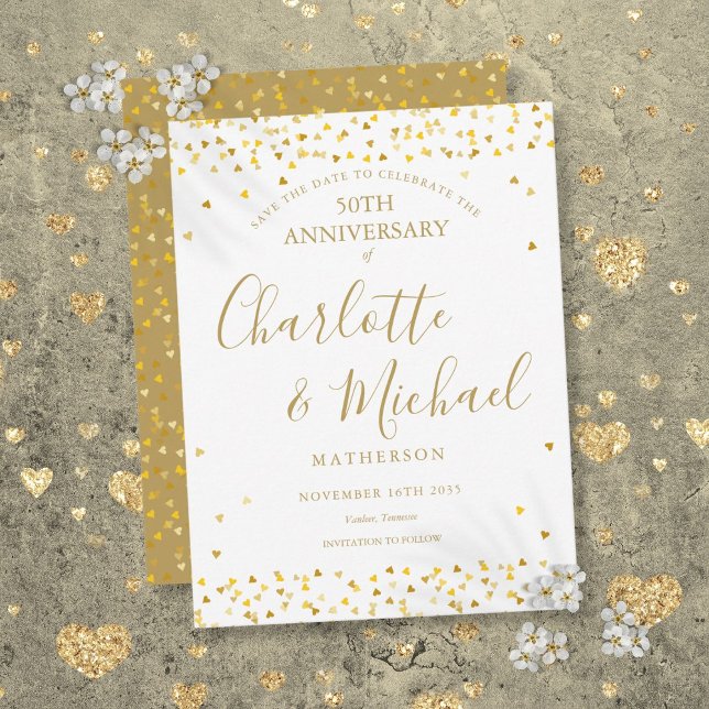 50th Anniversary Save the Date Gold Hearts Script  Announcement Postcard (50th Anniversary Save the Date Gold Hearts Script Announcement Postcard)