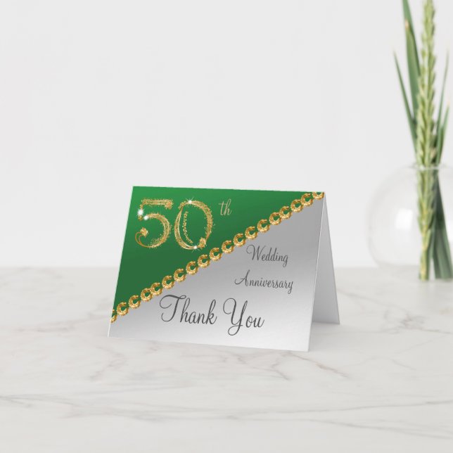 50th Anniversary Silver & Gold, Green Thank You Card (Front)