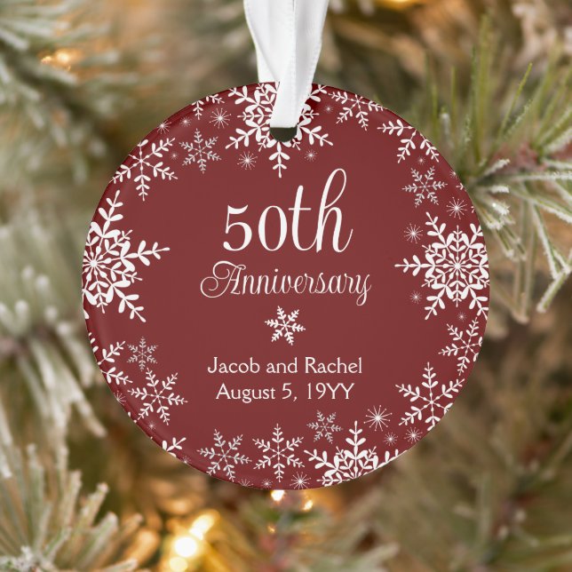 50th Anniversary Snowflakes Red Custom Wedding Ornament (Tree)