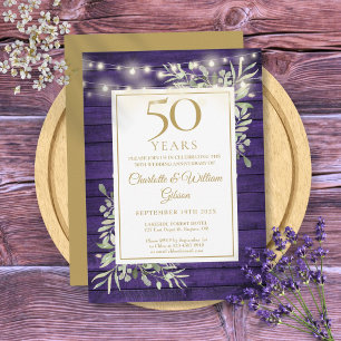 50th Anniversary String Lights Purple Wood Foliage Invitation