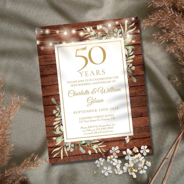 50th Anniversary String Lights Wood Greenery Invitation (Creator Uploaded)