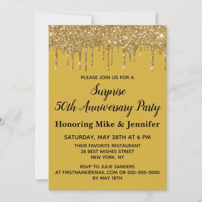 50th Anniversary Surprise Party Gold Black Fifty Invitation (Front)
