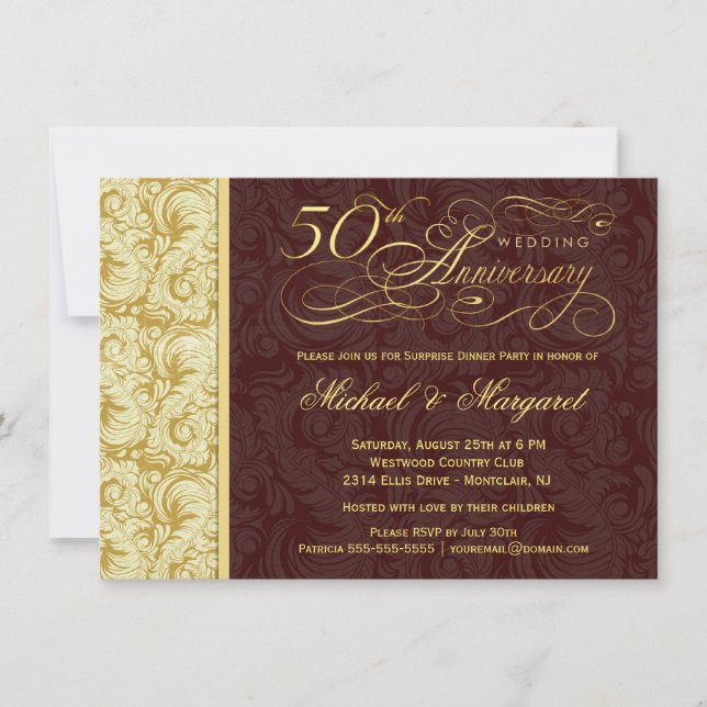 50th Anniversary Surprise Party - Gold Damask Invitation (Front)