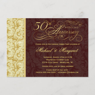 50th Anniversary Surprise Party - Gold Damask Invitation
