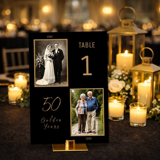 50th Anniversary Table Number – Then and Now Photo (Elegant black and gold 50th anniversary table number in candlelit ballroom setting)