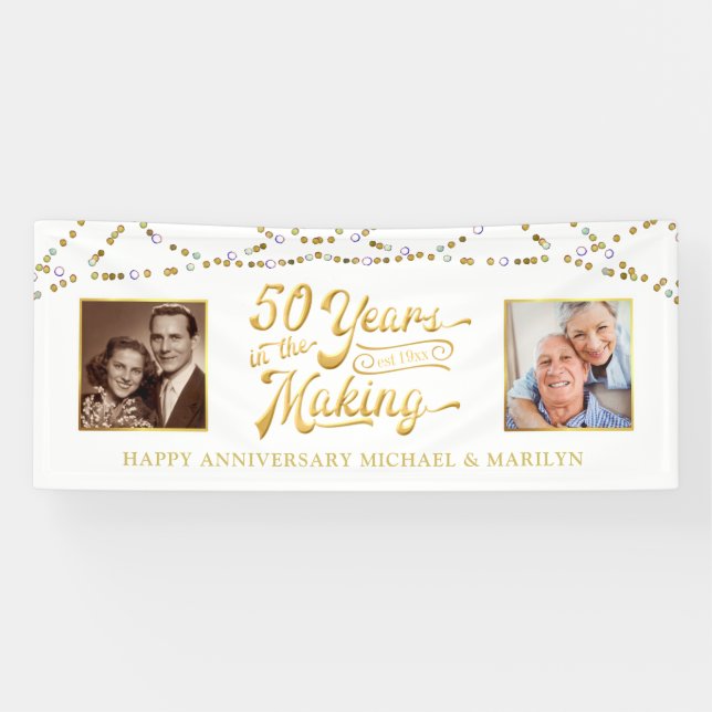 50th Anniversary Then & Now Photos 50 YEARS Gold Banner (Horizontal)